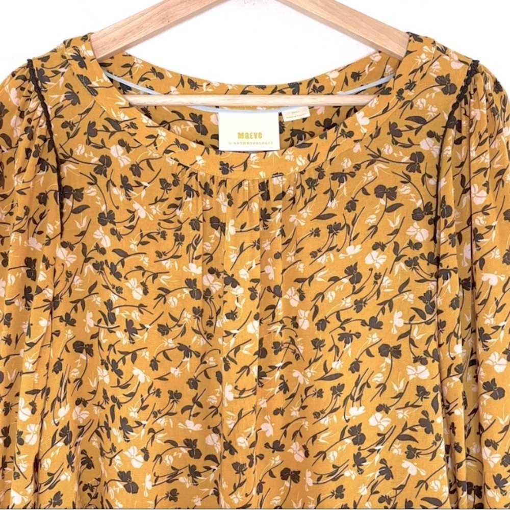 Anthro Maeve Mustard Floral Swing Peplum Blouse Top - Picture 6 of 13